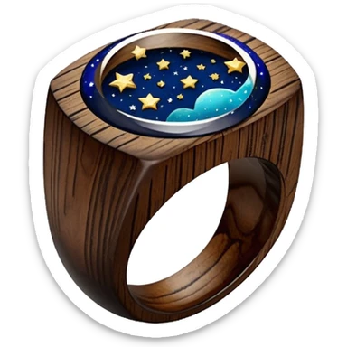 dark wood ring with epoxy resin in space and stars motifs crystal sticker