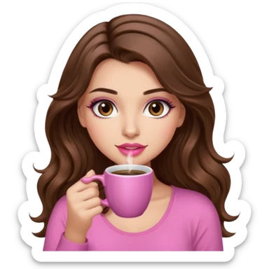 girl with long wavy brown hair, brown eyes, long lashes makeup,sexy pink lips, light to medium complexion, pink sexy top, with a coffee mug sticker