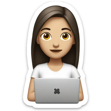  girl with laptop in front, dark brown hair, white skin, straight hair  sticker