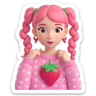 A girl with pink hair in pigtails, wearing a pink sweater with strawberry patterns, vibrant pink hair and sweater with green strawberry leaves sticker