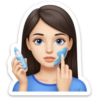 white brunette girl applying blue cream on face sticker