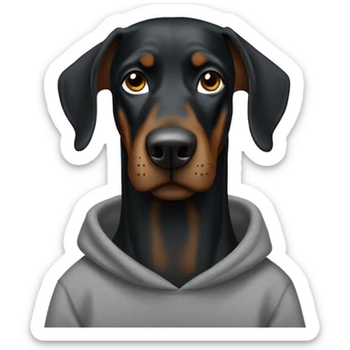 positive black Doberman with brown spots in a gray sweatshirt and wearing glasses with black frames sticker
