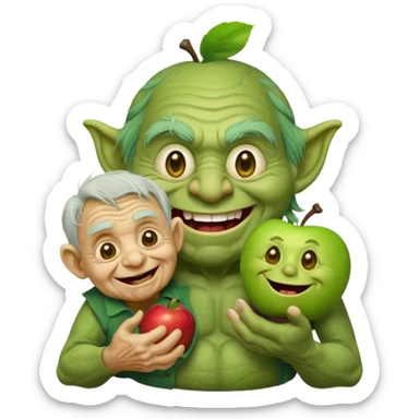 green troll grinning while holding a tiny terrified old man, cartoonish, apple emoji style sticker