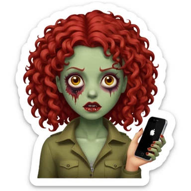Emoji zombie feminino estilo iPhone com cabelo cacheado volumoso vermelho  sticker