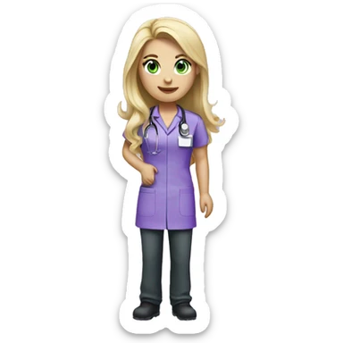 pretty nurse with long blonde hair green eyes   in purple scrubs sticker