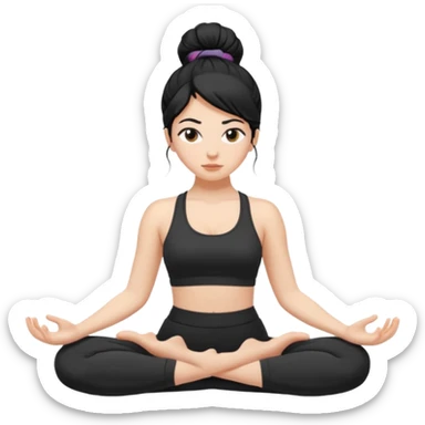 white girl with black long hair in a messy bun doing yoga sticker