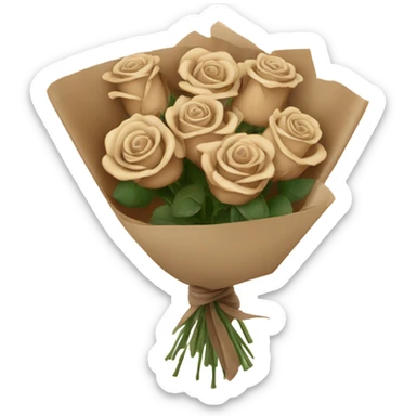 Bouquet of beige and brown roses in a paper package sticker