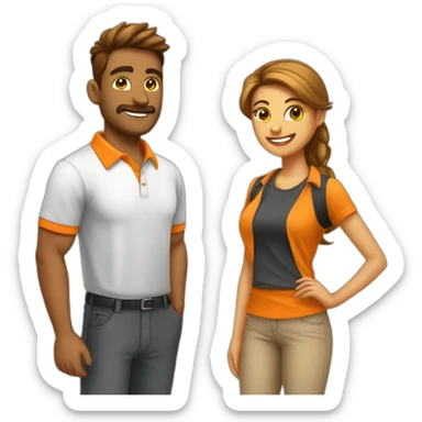 Chico y chica trabajan en oficina con remera color naranja sticker