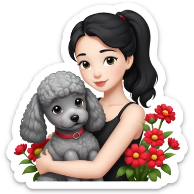 A beautiful girl with black ponytail happily hugs a gray poodle in the flowers sticker