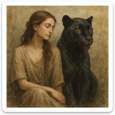 a calm woman and a panther sitting together, harmonious, detailed, artistic sticker