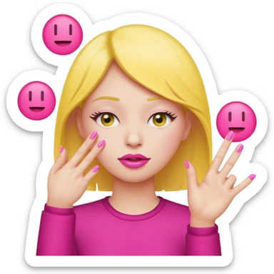 Yellow circle emoji exasperated and drumming fingers up the side of their head the eye is closed it is a side profile pink lipstick and pink nails sticker