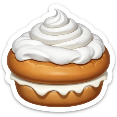 A bun with visible whipped cream in the middle beteween two bun halves and powdered sugar on top, no cream on top sticker