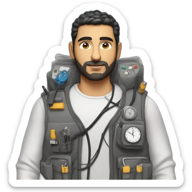 arab man in large bulky vest with many pockets with electrical wires connecting pockets and single analog clock on a pocket sticker