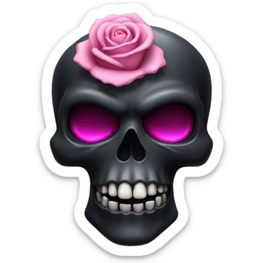 black skull with fangs and pink halo, grey rose in mouth sticker