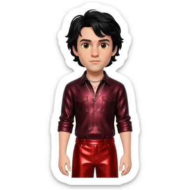 Ezra Miller with brown eyes, black long hair, dark red metallic shirt, red metallic baggy pants, silver necklace sticker