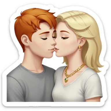 young 20 year old redhead girl with dark blonde eyebrows wearing gold jewelry and light clothes kissing a young 20 year old white-haired boy wearing dark t-shirt sticker