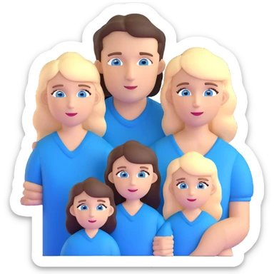 Family portrait with father with dark brown hair and blue eyes, mother with light brown hair and blue eyes, three blonde little girls with blue eyes sticker