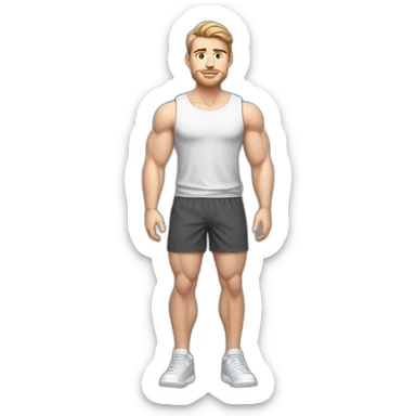 Full height Pale skinned muscular man With Realistic eyes and mouth, light brown hair and stubble In dark gray sleeveless mike, black oversize sports shorts, watch and white sneakers. sticker