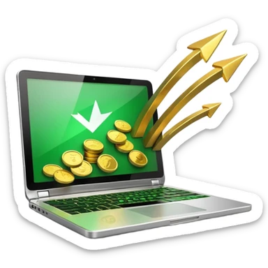 3D laptop icon with gold coins flying out of screen, green color (#0B3D2C), gold accents (#C9B037), upward arrows, glossy modern style, transparent background sticker