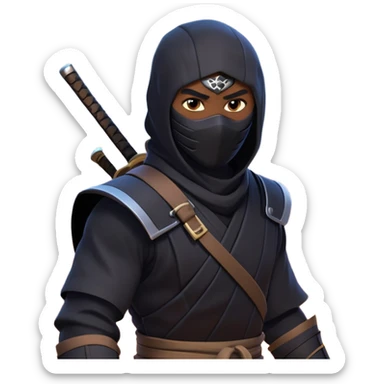 clash-of-clans-aesthetic_-cinematic-mysterious-male-ninja-portrait-emoji, rendered in a flat, vector-style with minimal shading and bold, simplified shapes, with a head slightly turned revealing intense, focused eyes, perched riding on an agile trained panther with glossy fur moving silently through shadowed urban rooftops and moonlit alleyways. sticker