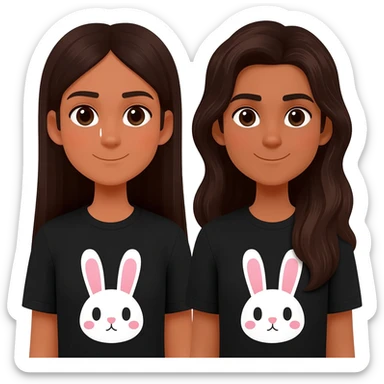 two identical friends with the emoji style. No smile lines, make the bunnies kawaii and the shirt black. Both have matching bunny shirts and have PIN STRAIGHT HAIR One has super long dark brown hair that goes to waist, one has long hair that is also dark brown. They both have Indian skin sticker