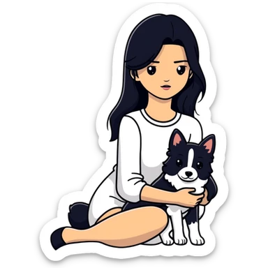 Kendall Jenner with long black hair holding a black Cane Corso dog sticker