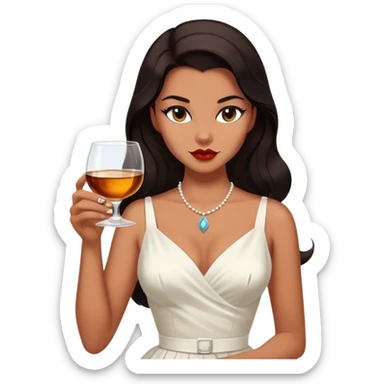 Beautiful woman in 1950’s woman fashion look, white dress, long dark brown hair, whisky with ice, black cat sticker