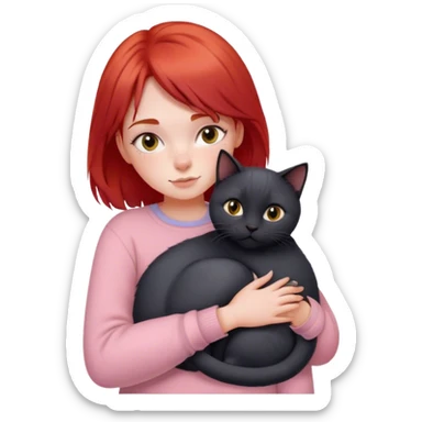 
a girl with red hair in pastel clothes hugs a black British cat sticker