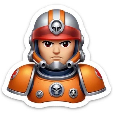 A space marine from Warhammer 40K, in orange and silver armor, with red visor sticker