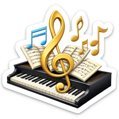 Create a bright and artistic emoji that represents music composition. The design should feature musical notes, a pencil or quill, and a sheet of music, symbolizing the creative process of composing a song. Add a touch of elegance with flowing lines to represent melody and rhythm. Incorporate piano keys arranged like a ribbon or flowing tape, symbolizing the piano's role in composition. Use gold or silver tones for sophistication, and incorporate vibrant colors to convey creativity. The background should be transparent. sticker