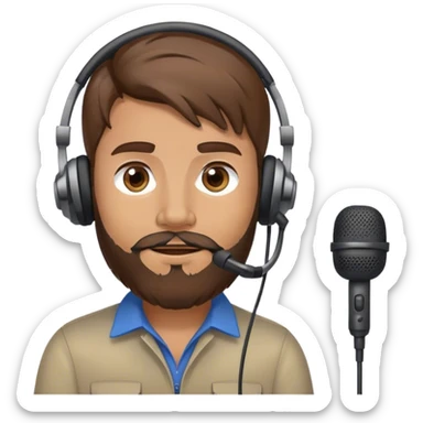 A man with brown hair and beard using a headset with mic sticker