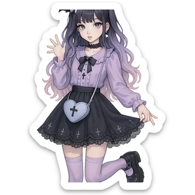 gothic K-pop girl, dreamy pastel goth style, soft colors with gothic details, whimsical pose, cute accessories sticker