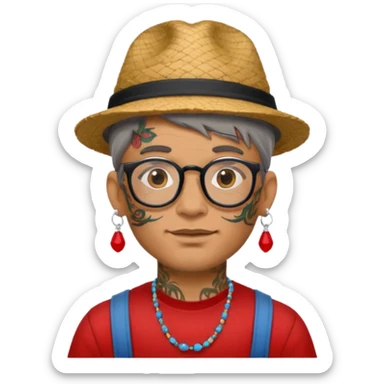 unique looking tourist with big unique red tourist hat and earrings, man with lots of tattoes and spectacles, hair showing sticker