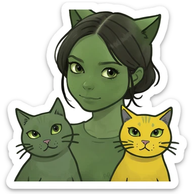 Brunette girl with 2 yellow and grey cats sticker