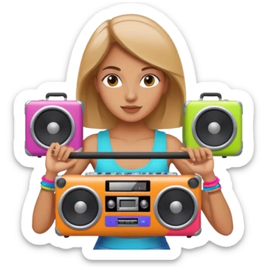 woman holding colorful boombox sticker