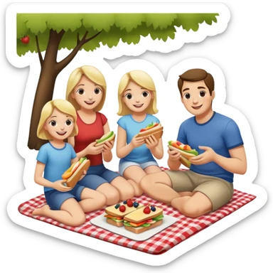 Family picnic with parents and children sitting on a blanket enjoying food outdoors sticker