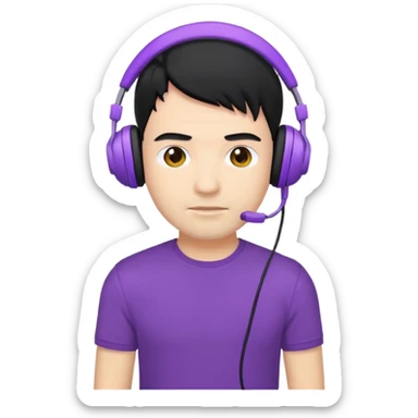 man with purple headphones and tshirt black hair sticker