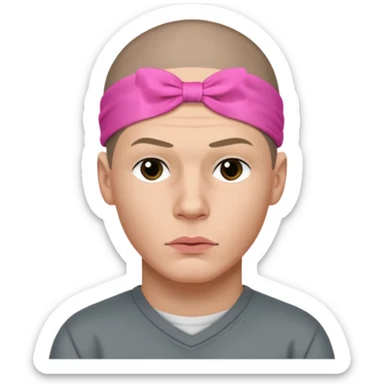Micheal scofield looks to the side with his lips pursed with a pink ribbon on his head sticker