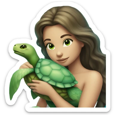 light brunette mermaid with green eyes, cuddling a turtle sticker