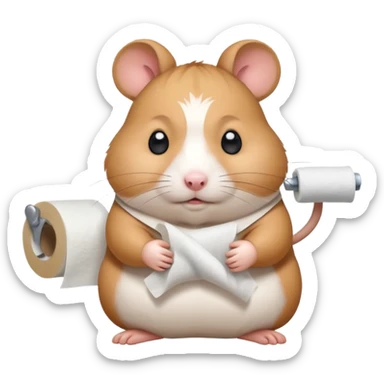 Cute chubby cartoon-style hamster sitting on toilet holding toilet paper looking as if he had an accident, sticker-style illustration sticker