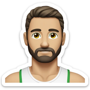 man, short dark brown straight hair, short beard, VERY LONG AND POINTY nose, white, green eyes, muscular, freckles sticker