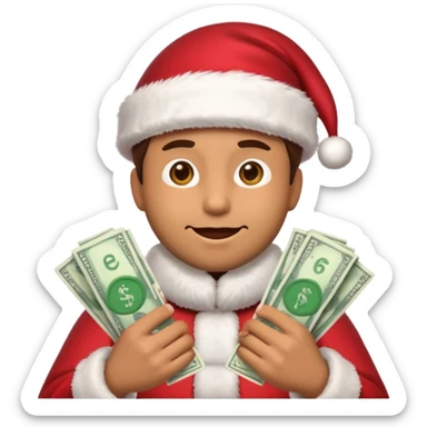 A confident rich emoji face wearing a Santa hat, money stacks, casino vibe, New Year theme, premium 3D emoji style, sharp details, no text, isolated on transparent background sticker