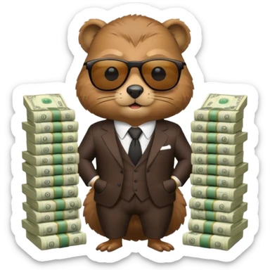Beaver in suit wearing sunglasses surrounded by stacks if cash sticker