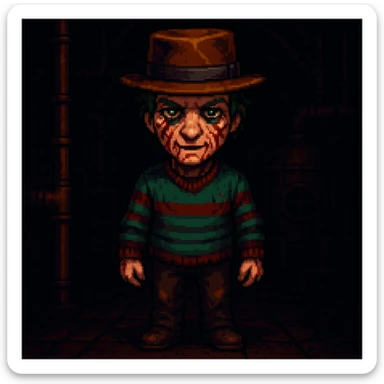 Add a spooky, nightmarish background with a boiler room and dark shadows behind Freddy Krueger, keep pixel art style sticker