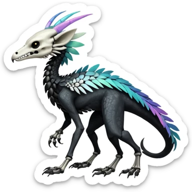 Rare realistic tribal patterned white whitish pastel colorful iridescent shiny glossy feathered skeletal badass epic handsome gorgeous aesthetic black-skulled Vernid-Trico-Sergal-Salandit-Nargacuga-species-Fakemon-creature by LiLaiRa, 4 legs, 1 tail, random markings, (full body) long ears sticker