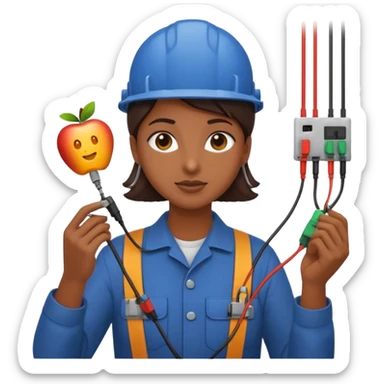 emoji of a brown girl electromechanical technician man adjusting electrical wires, apple emoji style, large size sticker