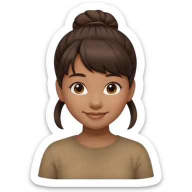 In Apple Memoji format, a girl with dark brown hair. She has bangs and her hair is in a singular high bun. The girl is arab and has light brown skin. She is wearing a brown shirt. She is soft smiling, no teeth shown. sticker