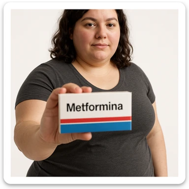 Hyperrealistic 4K vertical 9:16 image of an overweight woman or woman with PCOS standing on a white isolated background, holding a box of Metformin with the word 'Metformina' clearly visible and realistic in the foreground, confident expression. sticker