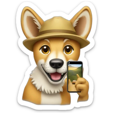 A dingo taking a picture with a phone sticker