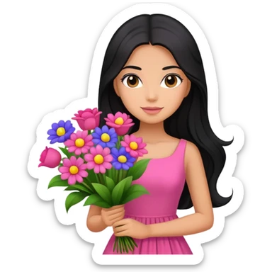 beautiful girl with long black hair wearing pink dress holding a colorful bouquet of flowers sticker